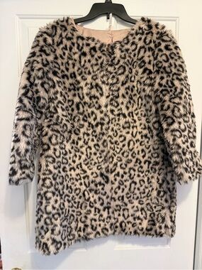 Faux Fur Leopard-Print Women's Sweater Jacket - Beige/Black